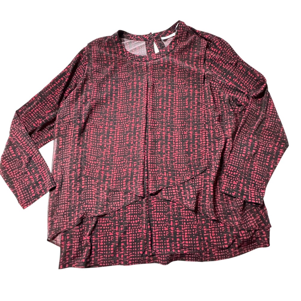 Susan Graver Blouse Women 2X Red Black Abstract Layered Liquid Knit